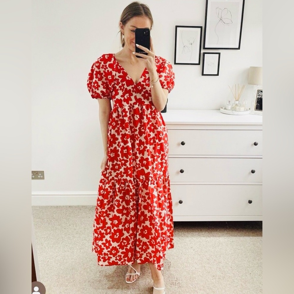 Zara Floral Red and White V Neck Tiered Puff Sleeve Maxi Dress